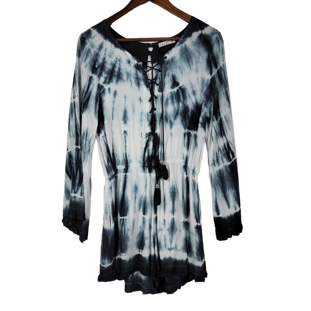 Exist Sz Med Tie Dye Romper Long Sleeves Elastic Waist Lace Up Front